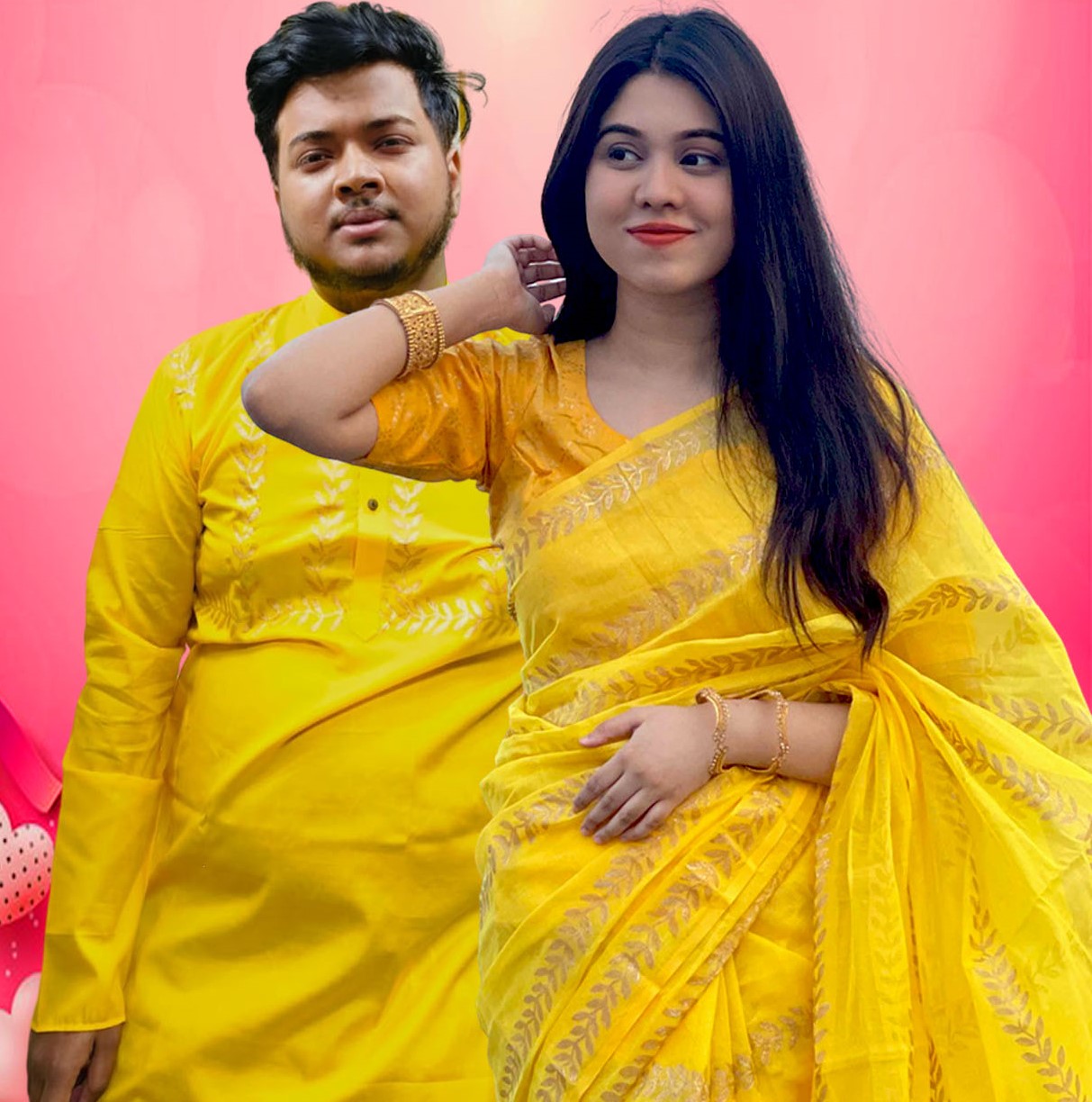 Sharee Panjabi Couple with Blouse Piece  প্রিমিয়াম সেমি মসলিন শাড়ি পাঞ্জাবি কাপল সেট। এই ঈদের মোস্ট ডিমান্ডিং ভাইরাল কালেকশন।